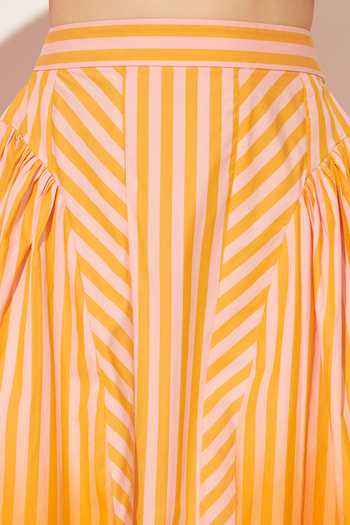 Shop_Linetribe_Orange Cotton Collared Neck Evara Printed Shirt And Skirt Set 