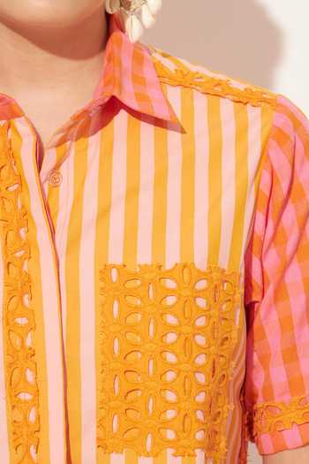 Linetribe_Orange Cotton Collared Neck Luna Stripe Print Shirt _Online_at_Aza_Fashions