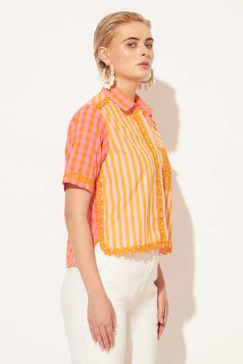 Buy_Linetribe_Orange Cotton Collared Neck Luna Stripe Print Shirt _Online_at_Aza_Fashions
