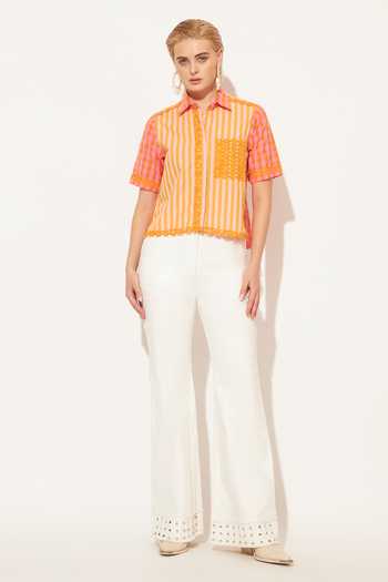 Linetribe_Orange Cotton Collared Neck Luna Stripe Print Shirt _at_Aza_Fashions