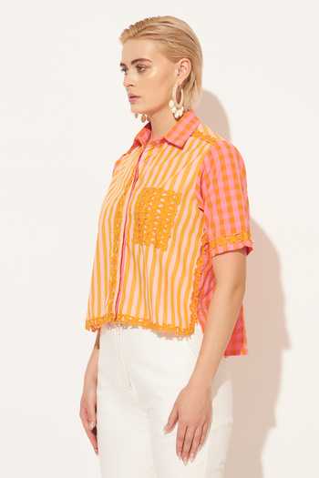 Buy_Linetribe_Orange Cotton Collared Neck Luna Stripe Print Shirt 