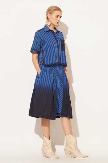 Linetribe_Blue Cotton Collared Neck Evara Printed Shirt And Skirt Set _Online_at_Aza_Fashions