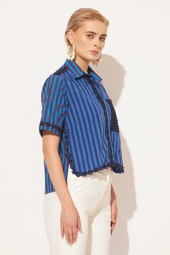 Buy_Linetribe_Blue Cotton Collared Neck Luna Stripe Print Shirt 