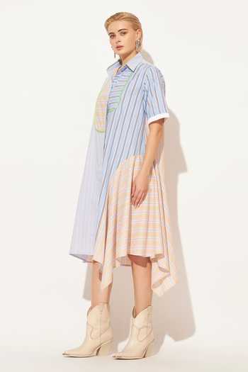 Linetribe_Blue Cotton Collared Neck Oryn Stripe Print Dress _at_Aza_Fashions