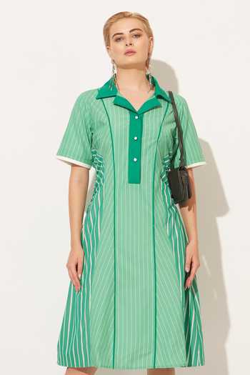 Linetribe_Green Cotton V-, Collared Zolis Stripe Print Dress _Online_at_Aza_Fashions