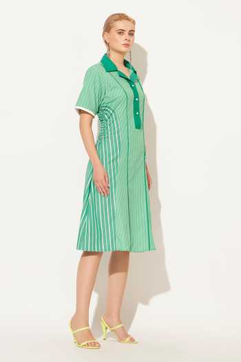 Buy_Linetribe_Green Cotton V-, Collared Zolis Stripe Print Dress _Online_at_Aza_Fashions