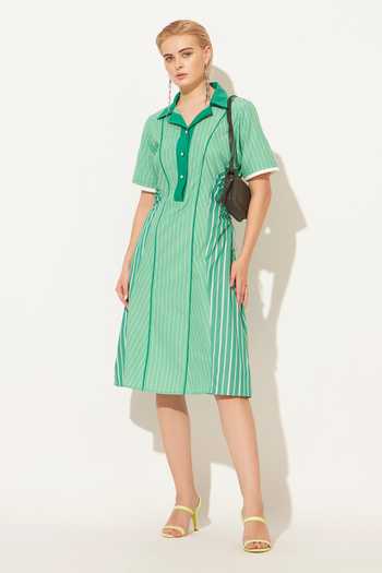 Shop_Linetribe_Green Cotton V-, Collared Zolis Stripe Print Dress _Online_at_Aza_Fashions
