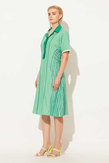 Linetribe_Green Cotton V-, Collared Zolis Stripe Print Dress _at_Aza_Fashions