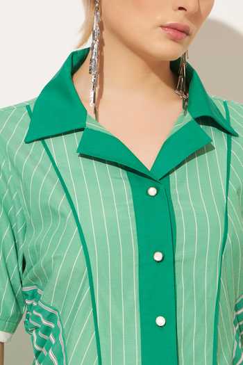 Buy_Linetribe_Green Cotton V-, Collared Zolis Stripe Print Dress 