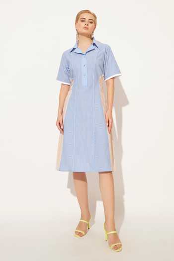 Linetribe_Blue Cotton Collared Neck Zolis Stripe Print Dress _at_Aza_Fashions