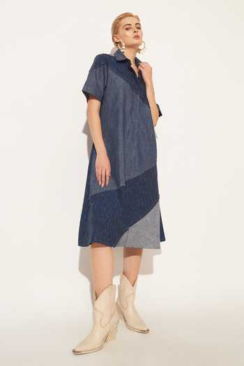 Linetribe_Blue Denim Collared Neck Kairon Printed Dress _Online_at_Aza_Fashions