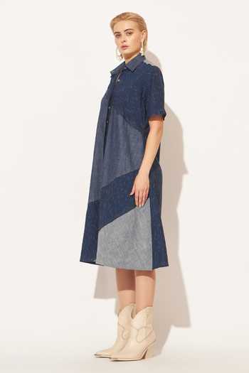 Buy_Linetribe_Blue Denim Collared Neck Kairon Printed Dress _Online_at_Aza_Fashions