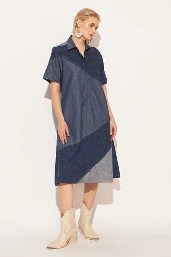 Shop_Linetribe_Blue Denim Collared Neck Kairon Printed Dress _Online_at_Aza_Fashions