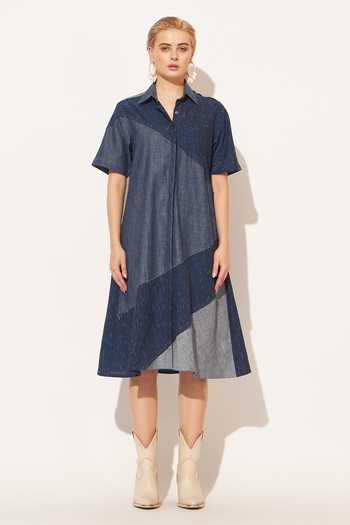 Linetribe_Blue Denim Collared Neck Kairon Printed Dress _at_Aza_Fashions