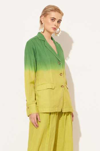 Linetribe_Green Linen Collared Neck Elyon Ombre Shirt And Pant Set _Online_at_Aza_Fashions