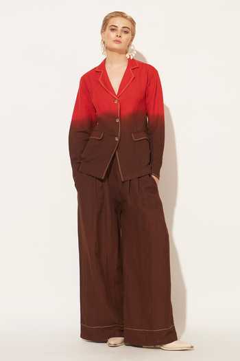 Shop_Linetribe_Red Linen Collared Neck Elyon Colorblock Shirt And Pant Set _Online_at_Aza_Fashions