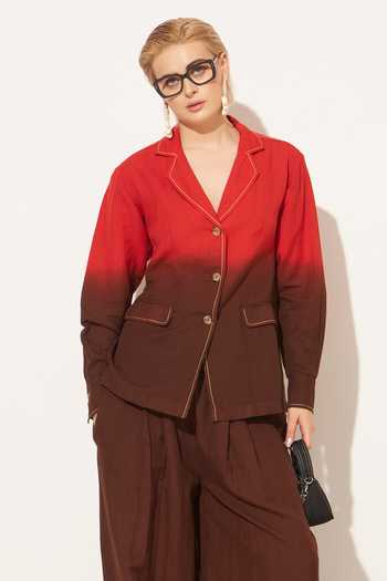 Buy_Linetribe_Red Linen Collared Neck Elyon Colorblock Shirt And Pant Set 