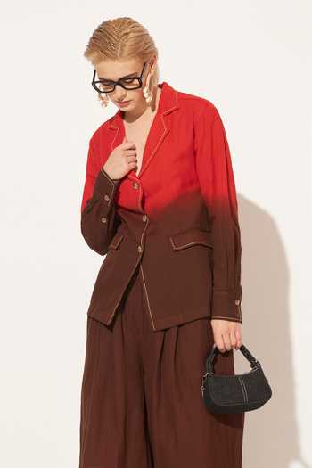 Shop_Linetribe_Red Linen Collared Neck Elyon Colorblock Shirt And Pant Set 