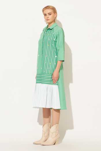 Linetribe_Green Cotton Collared Neck Selene Embroidered Pleated Shirt Dress _Online_at_Aza_Fashions