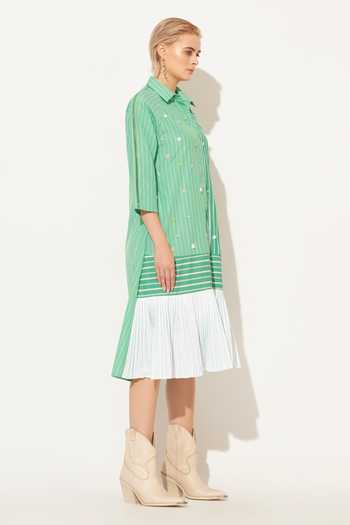 Buy_Linetribe_Green Cotton Collared Neck Selene Embroidered Pleated Shirt Dress _Online_at_Aza_Fashions