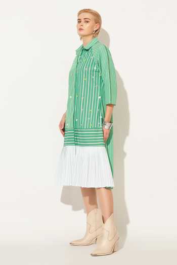 Shop_Linetribe_Green Cotton Collared Neck Selene Embroidered Pleated Shirt Dress _Online_at_Aza_Fashions
