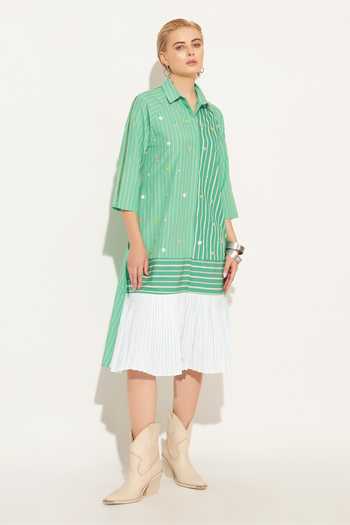 Linetribe_Green Cotton Collared Neck Selene Embroidered Pleated Shirt Dress _at_Aza_Fashions