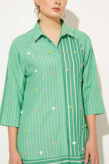 Buy_Linetribe_Green Cotton Collared Neck Selene Embroidered Pleated Shirt Dress 