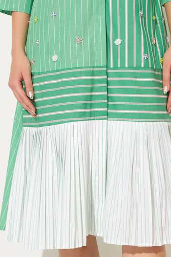 Shop_Linetribe_Green Cotton Collared Neck Selene Embroidered Pleated Shirt Dress 