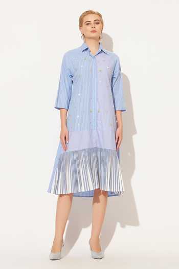 Linetribe_Blue Cotton Collared Neck Selene Printed Shirt Dress _Online_at_Aza_Fashions