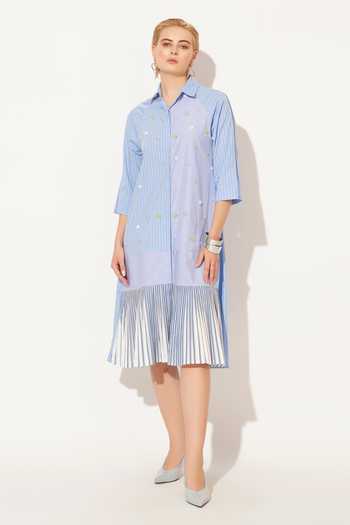 Buy_Linetribe_Blue Cotton Collared Neck Selene Printed Shirt Dress _Online_at_Aza_Fashions