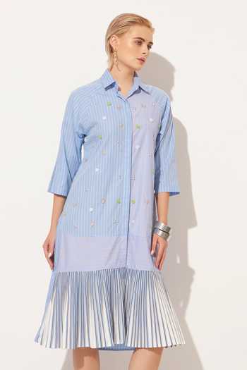 Linetribe_Blue Cotton Collared Neck Selene Printed Shirt Dress _at_Aza_Fashions