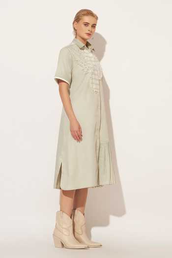 Linetribe_Green Cotton Collared Neck Nyra Asymmetric Yoke Shirt Dress _Online_at_Aza_Fashions