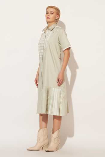 Buy_Linetribe_Green Cotton Collared Neck Nyra Asymmetric Yoke Shirt Dress _Online_at_Aza_Fashions