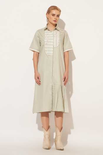 Shop_Linetribe_Green Cotton Collared Neck Nyra Asymmetric Yoke Shirt Dress _Online_at_Aza_Fashions