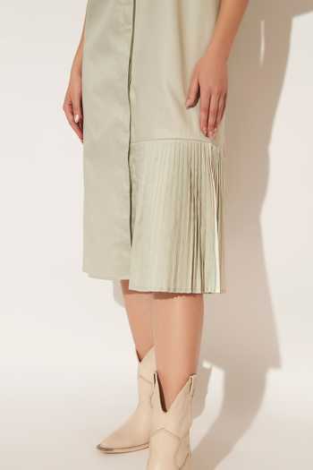 Linetribe_Green Cotton Collared Neck Nyra Asymmetric Yoke Shirt Dress _at_Aza_Fashions