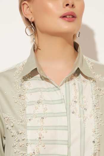 Shop_Linetribe_Green Cotton Collared Neck Nyra Asymmetric Yoke Shirt Dress 