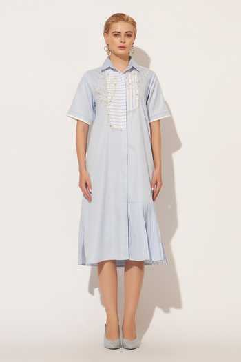 Linetribe_Blue Cotton Collared Neck Nyra Hand Embroidered Dress _Online_at_Aza_Fashions