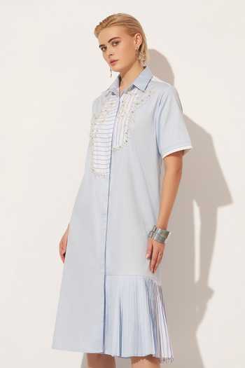 Shop_Linetribe_Blue Cotton Collared Neck Nyra Hand Embroidered Dress _Online_at_Aza_Fashions