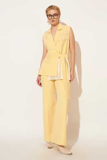 Linetribe_Yellow Crepe V-neck Lumis Pleated Waistcoat And Pant Set _Online_at_Aza_Fashions