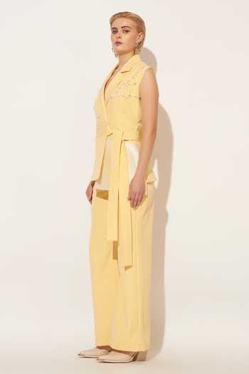 Buy_Linetribe_Yellow Crepe V-neck Lumis Pleated Waistcoat And Pant Set _Online_at_Aza_Fashions