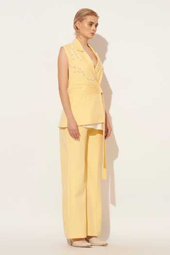 Shop_Linetribe_Yellow Crepe V-neck Lumis Pleated Waistcoat And Pant Set _Online_at_Aza_Fashions