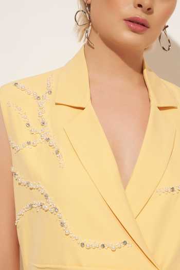 Linetribe_Yellow Crepe V-neck Lumis Pleated Waistcoat And Pant Set _at_Aza_Fashions