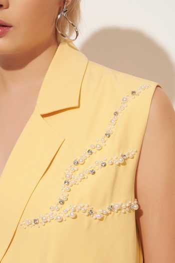 Buy_Linetribe_Yellow Crepe V-neck Lumis Pleated Waistcoat And Pant Set 