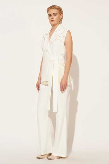 Linetribe_White Crepe Collared Neck Lumis Pleated Waistcoat And Pant Set _Online_at_Aza_Fashions