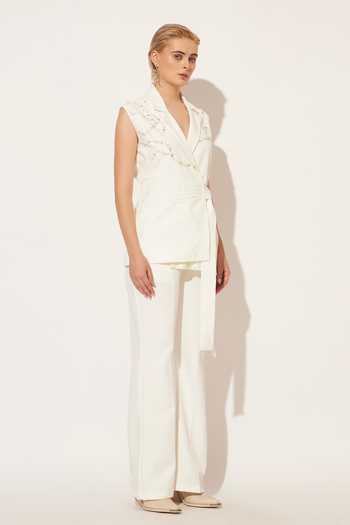 Buy_Linetribe_White Crepe Collared Neck Lumis Pleated Waistcoat And Pant Set _Online_at_Aza_Fashions
