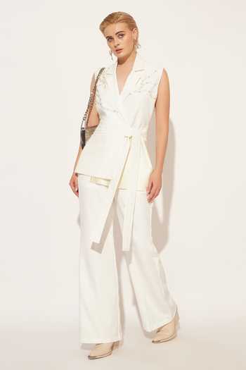 Shop_Linetribe_White Crepe Collared Neck Lumis Pleated Waistcoat And Pant Set _Online_at_Aza_Fashions