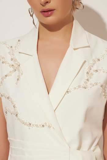 Shop_Linetribe_White Crepe Collared Neck Lumis Pleated Waistcoat And Pant Set 