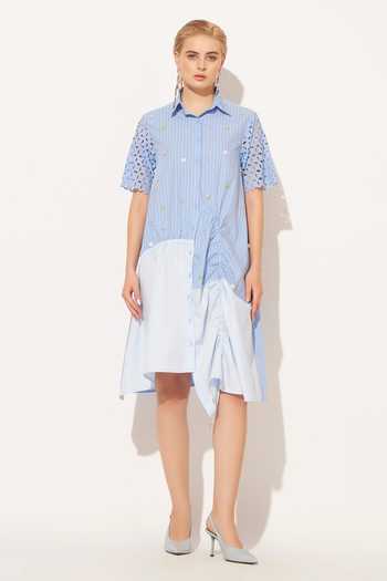Linetribe_Blue Cotton Collared Neck Cyra Ruched Panelled Dress _Online_at_Aza_Fashions