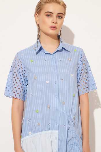 Buy_Linetribe_Blue Cotton Collared Neck Cyra Ruched Panelled Dress _Online_at_Aza_Fashions