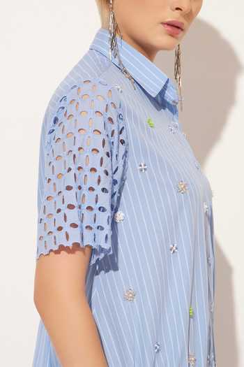 Shop_Linetribe_Blue Cotton Collared Neck Cyra Ruched Panelled Dress _Online_at_Aza_Fashions